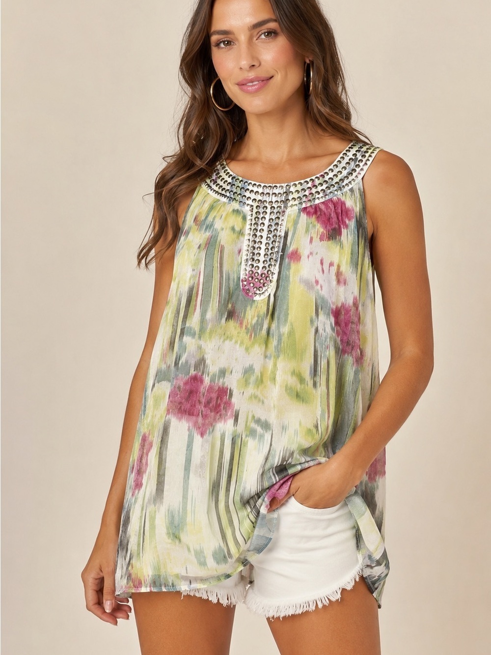 Theme Embellished Boho Abstract Print Sleeveless Tunic Top Large